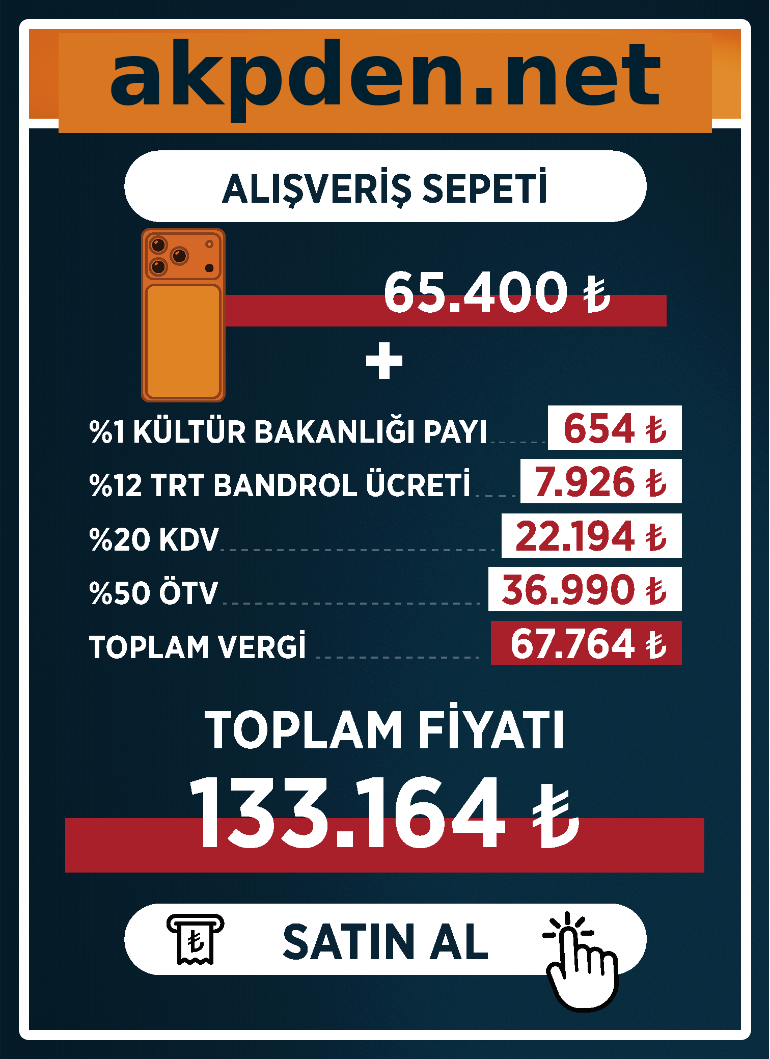 ÖTV, KDV, TRT Bandrol ve Kültür Bakanlığı Payı ile toplam fiyat: ₺ 133.164